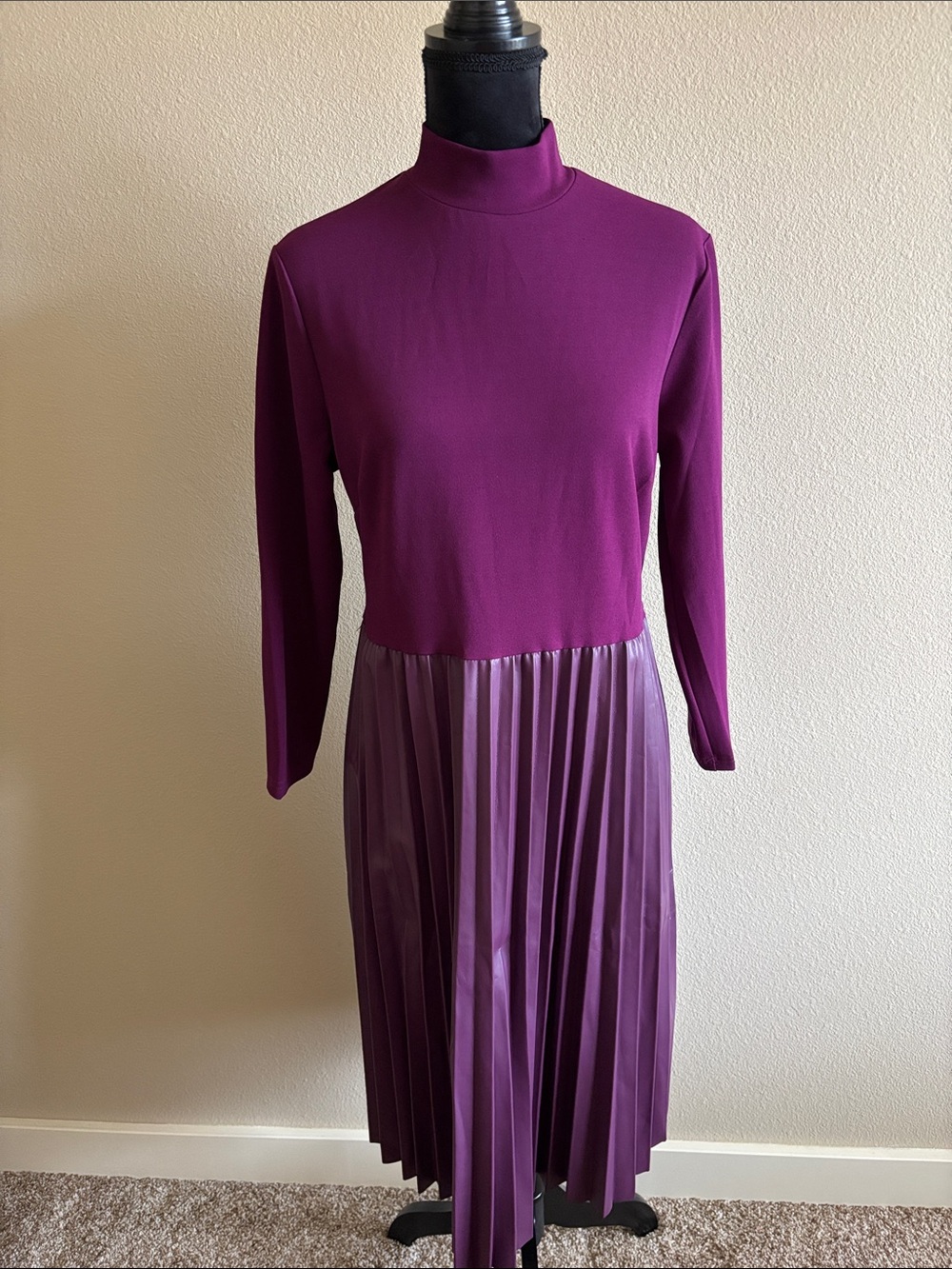 NEW YORK & Company Women's Purple Mock Neck Pleated Midi Dress